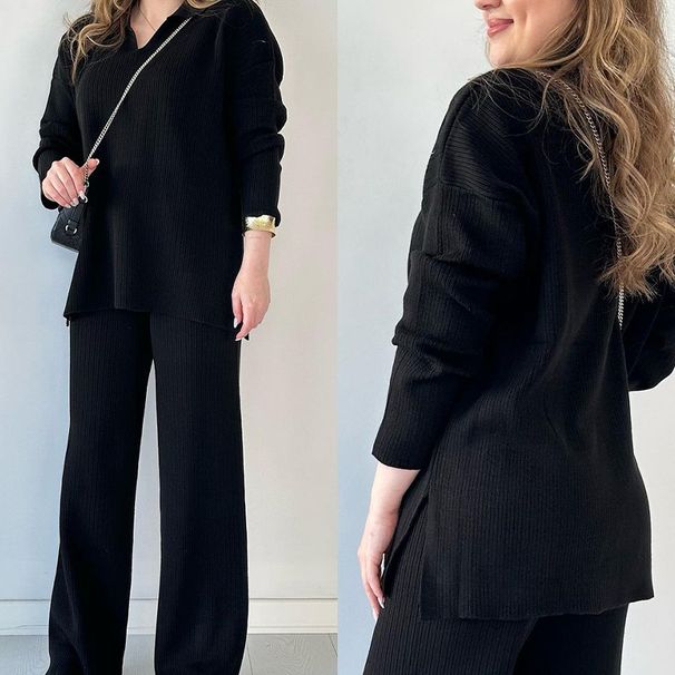 Women's Clothing autumn new solid color fashion lapel loose casual sweater two piece set for women_desvips.com