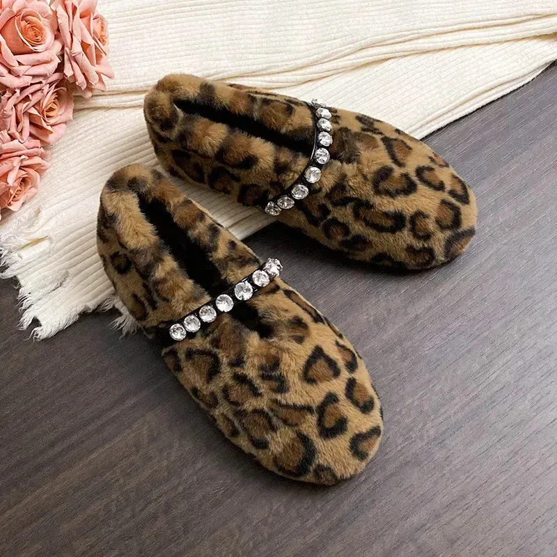 Fashion Leopard Fur Ballet Apartment Water Dia Buckle With Mary Jane Shoes Womens Winter Warm Plush Shallow Load 241122_desvips.com