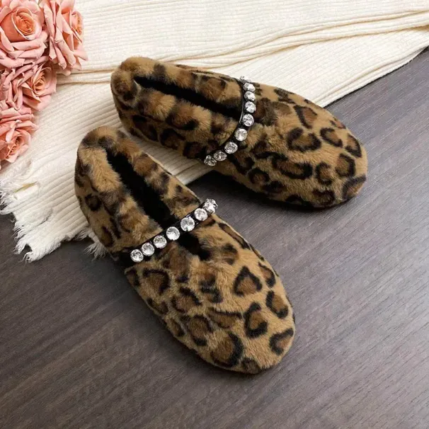Fashion Leopard Fur Ballet Apartment Water Dia Buckle With Mary Jane Shoes Womens Winter Warm Plush Shallow Load 241122_desvips.com