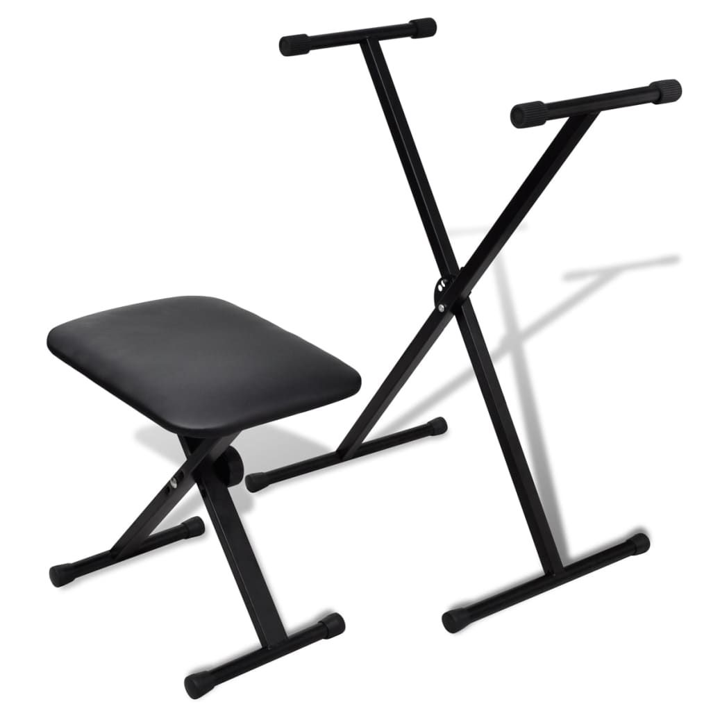 Black Steel X-Shaped Keyboard Stand And Stool Set - Adjustable Height - Foldable Design - Non-Slip Rubber End Caps - Easy Transport And Storage_desvips.com