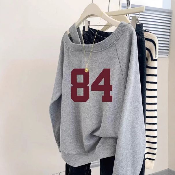 Grey American Off Shoulder Hooded Sweatshirt For Women In Early Spring And Autumn 2024 New Lazy Thin Long Sleeved Top_desvips.com