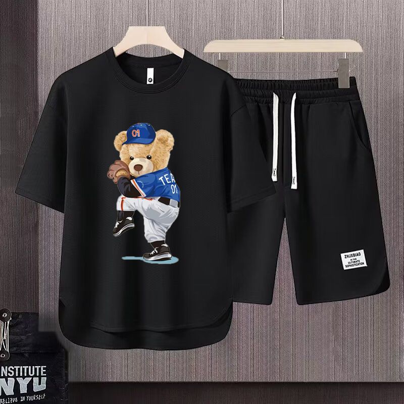 Men's Clothing 2024 Waffle Casual Summer Suit Men's Loose Teen Short sleeved T shirt Shorts Handsome Two piece Suit_desvips.com