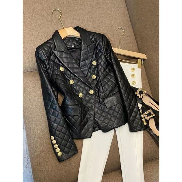 Women's Clothing Black short shoulder pads small casual suit leather jacket suit jacket female pu leather jacket female jacket _desvips.com