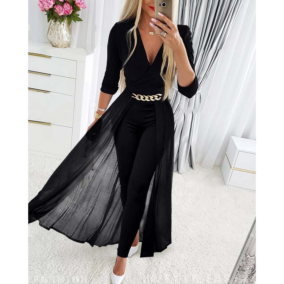 Women's fashion temperament Mesh splicing V-neck jumpsuit_desvips.com