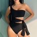 women's clothing swimsuit one shoulder hip wrapped hollow black one piece swimsuit_desvips.com