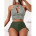 Two-piece Swimsuit High-waisted Striped Conservative Drawstring_desvips.com