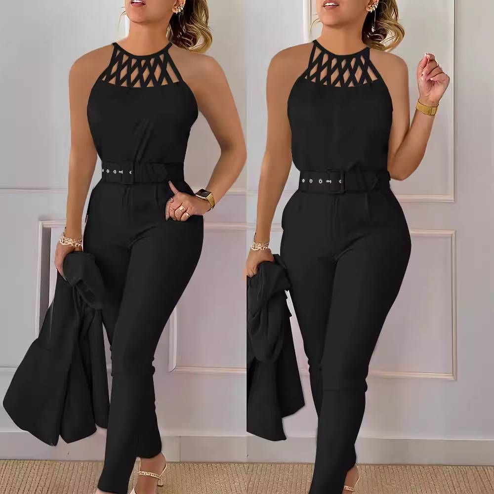 Women's Clothing Solid color cross strap top + pants two-piece set_desvips.com