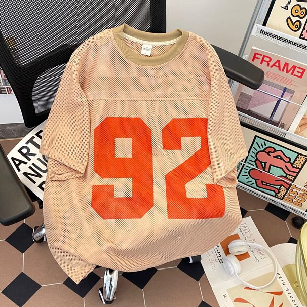 Mesh Hollow-Out Jersey Short-Sleeve T-Shirt For Men, American Style Trendy Hip-Hop Youth Sports Rugby Summer Top_desvips.com