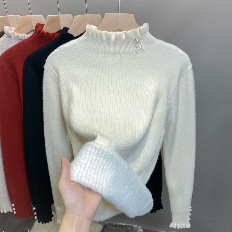 Women's Fleece-Lined Semi-Turtleneck Sweater - Warm Knit Pullover With Thermal Lining, Slim Fit Long Sleeve Top For Winter_desvips.com