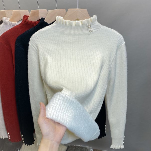 Women's Fleece-Lined Semi-Turtleneck Sweater - Warm Knit Pullover With Thermal Lining, Slim Fit Long Sleeve Top For Winter_desvips.com