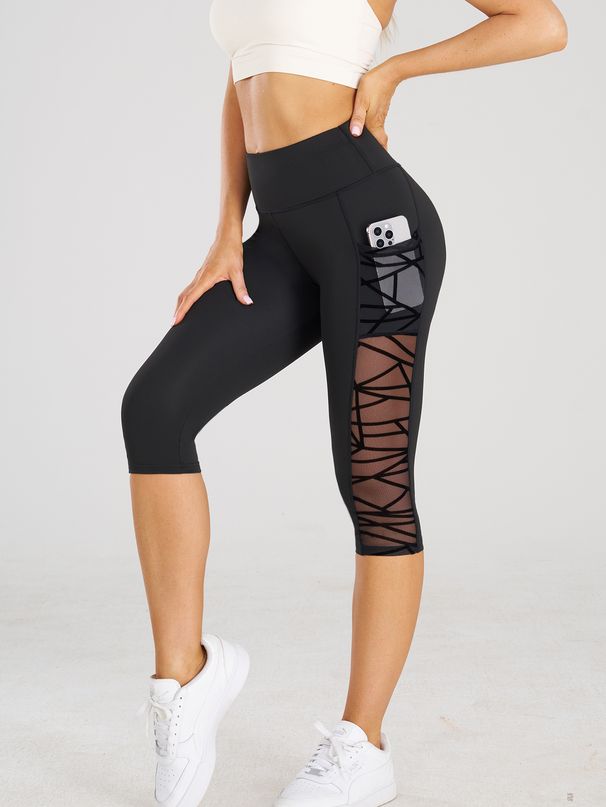 High Waist Crop With Pockets Sports Fitness Casual Tight Yoga Pants Side Cross Mesh Stitch Capri Leggings_desvips.com