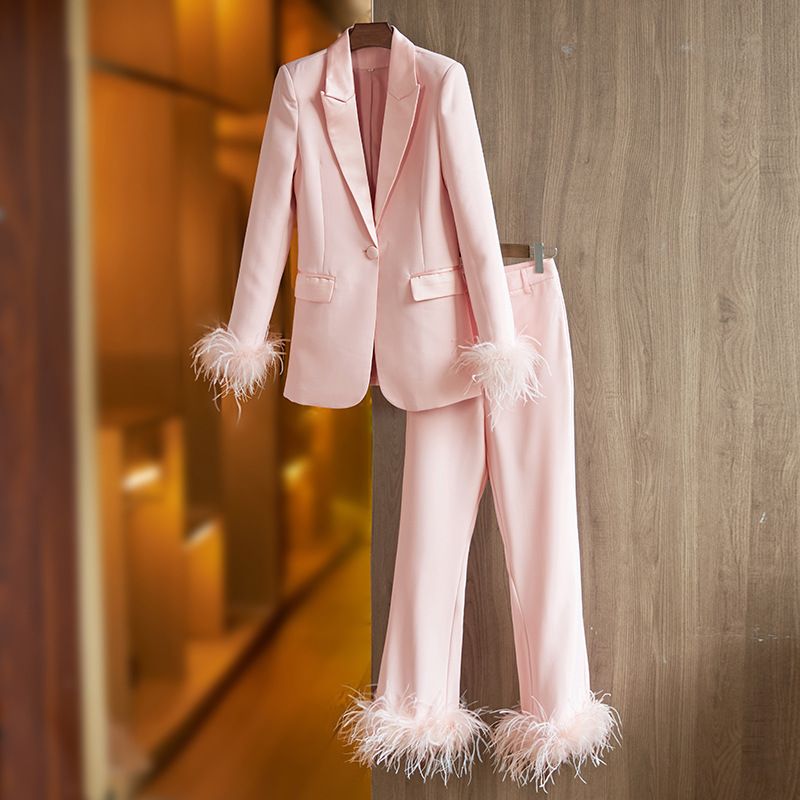 Women's Clothing Autumn and Winter Satin Collar Spliced Blazer Feather Decoration Dress Suit Straight leg Pants Two piece Set_desvips.com