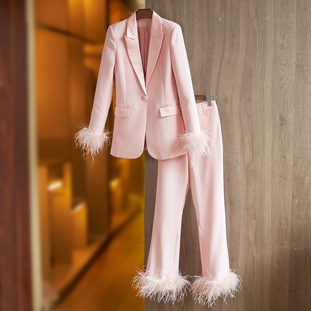Women's Clothing Autumn and Winter Satin Collar Spliced Blazer Feather Decoration Dress Suit Straight leg Pants Two piece Set_desvips.com