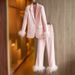 Women's Clothing Autumn and Winter Satin Collar Spliced Blazer Feather Decoration Dress Suit Straight leg Pants Two piece Set_desvips.com
