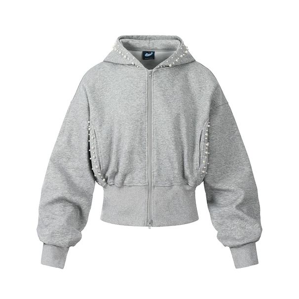 American Gray Pearl Hoodie Jacket For Women In 2025 New Style, Early Spring Design Sense, Short Zipper Cardigan_desvips.com