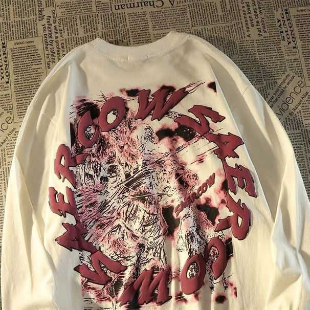 100% Cotton Trendy Brand Skull Long Sleeve T-Shirt Unisex Ins Style Loose Street American Oversize_desvips.com