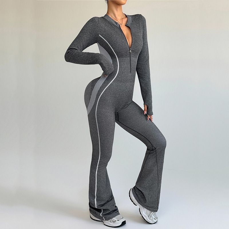Frosted Color-Block Zipper Stand Collar Yoga For Women Outdoor Running Sports Hip-Lifting Jumpsuit Flared Pants_desvips.com