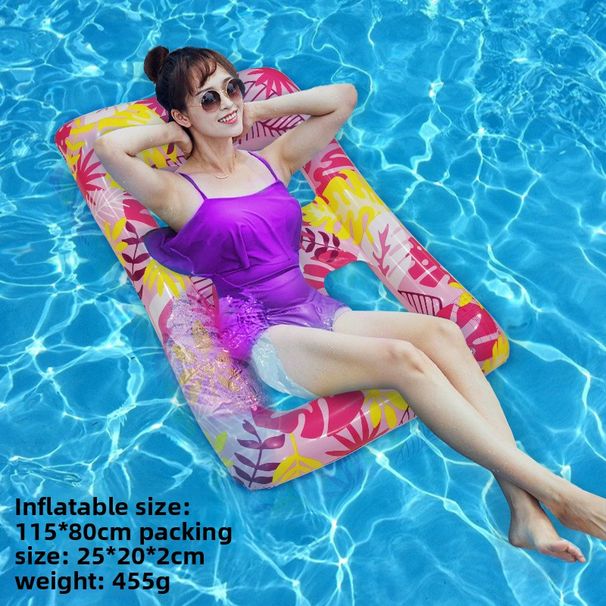 Leaf-Print Inflatable Lounge Chair With Grid Design & Backrest - Outdoor Floating Bed For Adults (Breathable PVC For Pool/Beach/Lake)_desvips.com