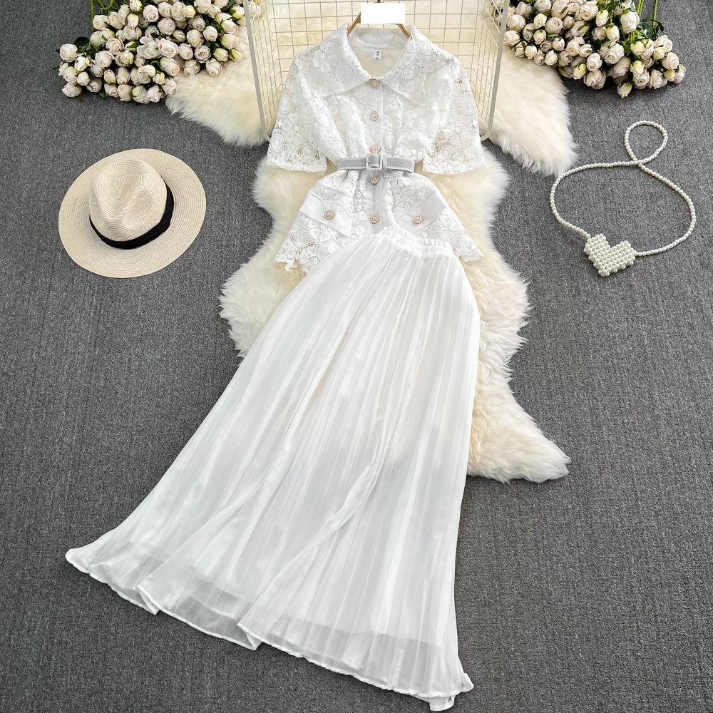 Women's fashion single breasted lace shirt two-piece set high waist a line pleated skirt_desvips.com
