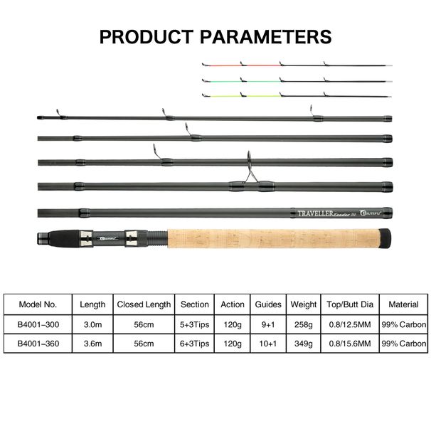 BIUTIFU Traveller Feeder Fishing Rods 3.0m 3.6m 3Tips Casting Weight 120g Carbon Fiber Spinning Pole Freshwater Sea_desvips.com