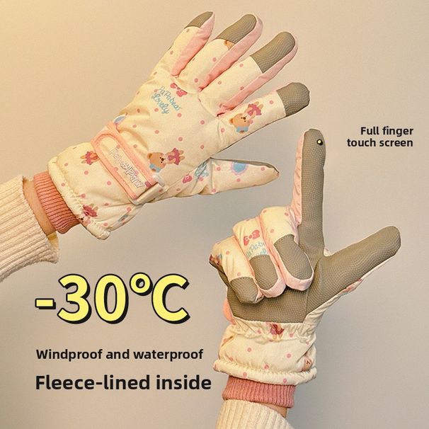 Cute Bear Ski Gloves Women Winter Cycling Warm Fleece Lined Thickened Touchscreen Waterproof Coldproof Outdoor_desvips.com