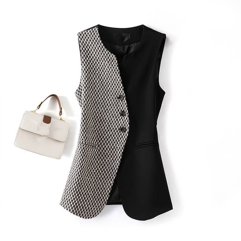 Women's Clothing round neck vest new design slim fit plaid vest outer wear waistcoat _desvips.com