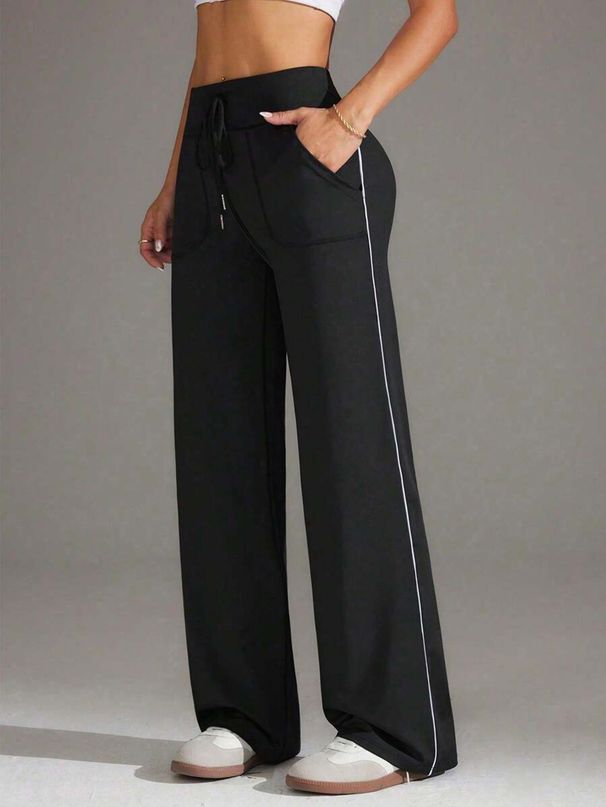 High Waist Straight Casual Wide Leg Pants Side Stripe Sports Loose Slimming Yoga Trousers European Style_desvips.com