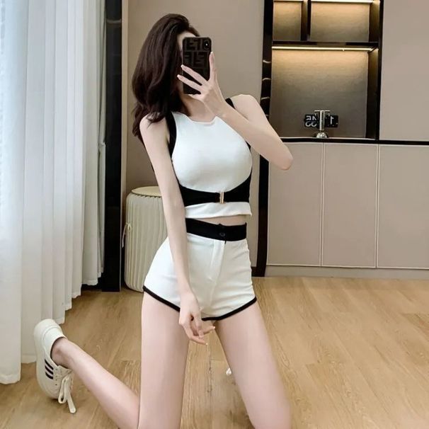 Internet Celebrity Sports Suit For Women, Summer New Fashion Slim Fit Street Style Sleeveless Vest Top And Shorts Casual_desvips.com