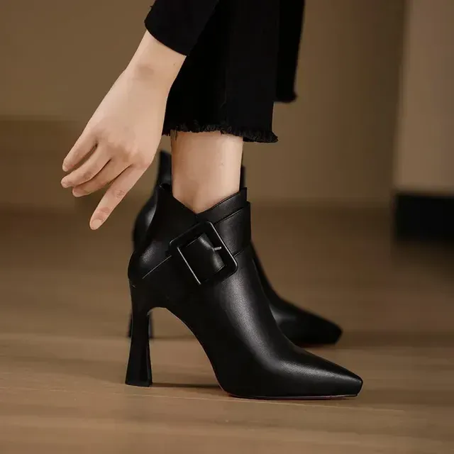 Sexy Pointed Toe Black High Heel Spring Winter PU Leather Zip Design Free Shipping For Women Elegant Belt Buckle Ankle_desvips.com