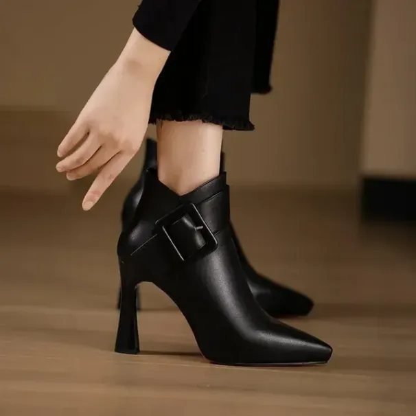 Sexy Pointed Toe Black High Heel Spring Winter PU Leather Zip Design Free Shipping For Women Elegant Belt Buckle Ankle_desvips.com