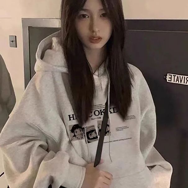American High Street Fashion Brand Anime Pure Cotton Hooded Sweatshirt For Women In Spring And Autumn, New Casual Style_desvips.com