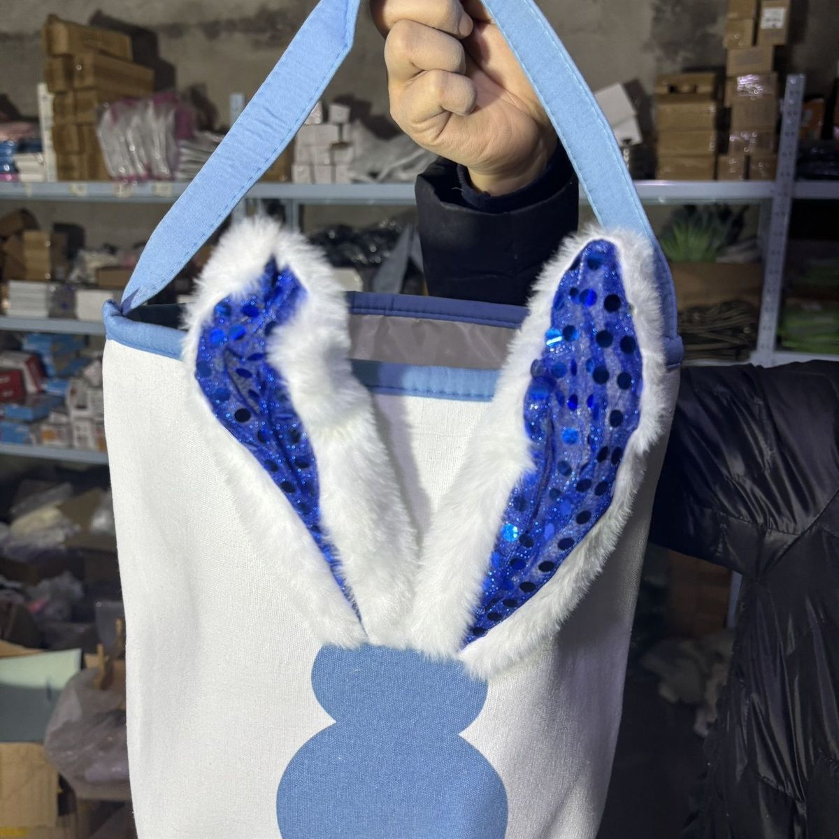 Easter Bunny Ear Handbag Colorful Rabbit Flashing Light Canvas Bag Round Bucket_desvips.com