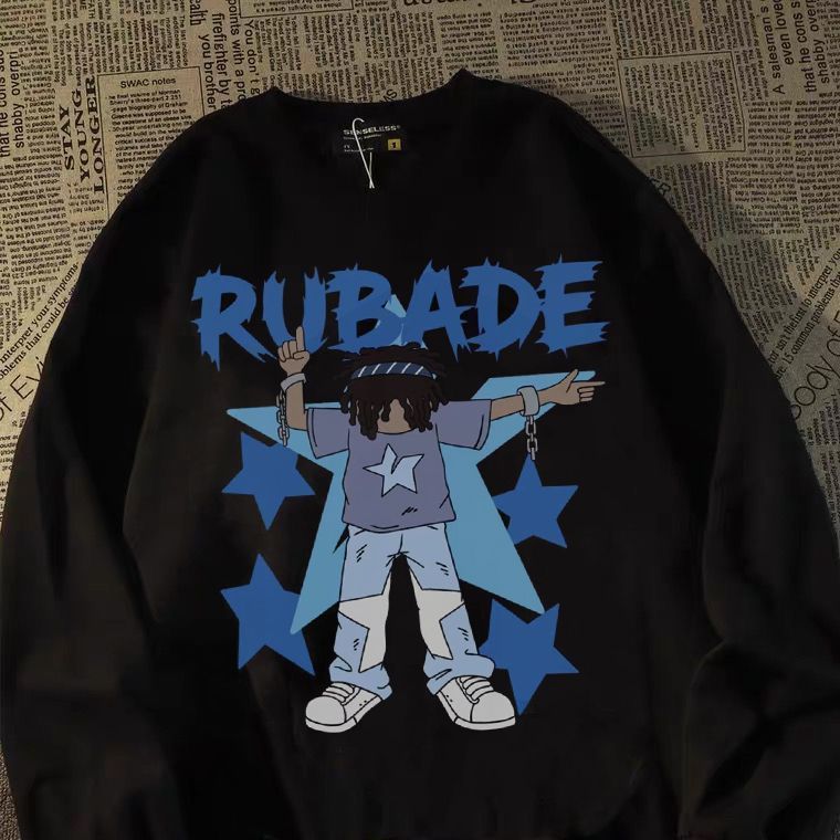 100% Cotton American Street Style Fun Dreadlock Star Print Cuffed Long Sleeve T-Shirt Unisex Loose Top_desvips.com