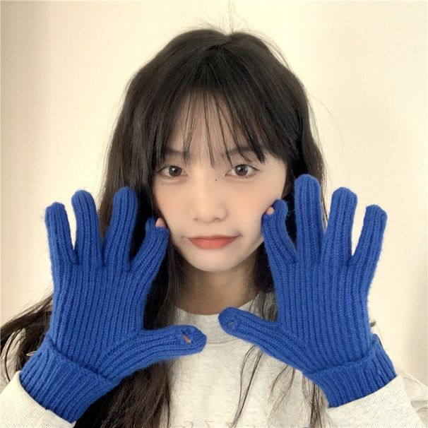 Korean Klein Blue Knitted Cute Gloves Women In Winter, Warm For Riding, Touchscreen Compatible, With Exposed Fingers_desvips.com