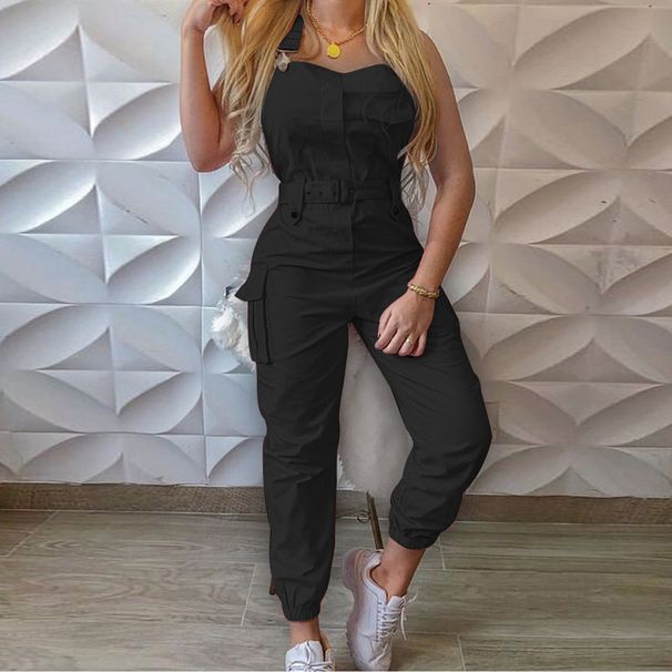 Women's fashion cargo jumpsuit belt sleeveless suspenders simple constraint foot pants_desvips.com