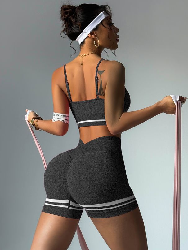 Color Blocked Push up Sports Vest Seamless Shoulder Straps Tight Fitting Running Fitness Shorts for Women_desvips.com
