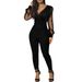 Women's Clothing new solid color V neck mesh slim long sleeved jumpsuit trousers large stock_desvips.com