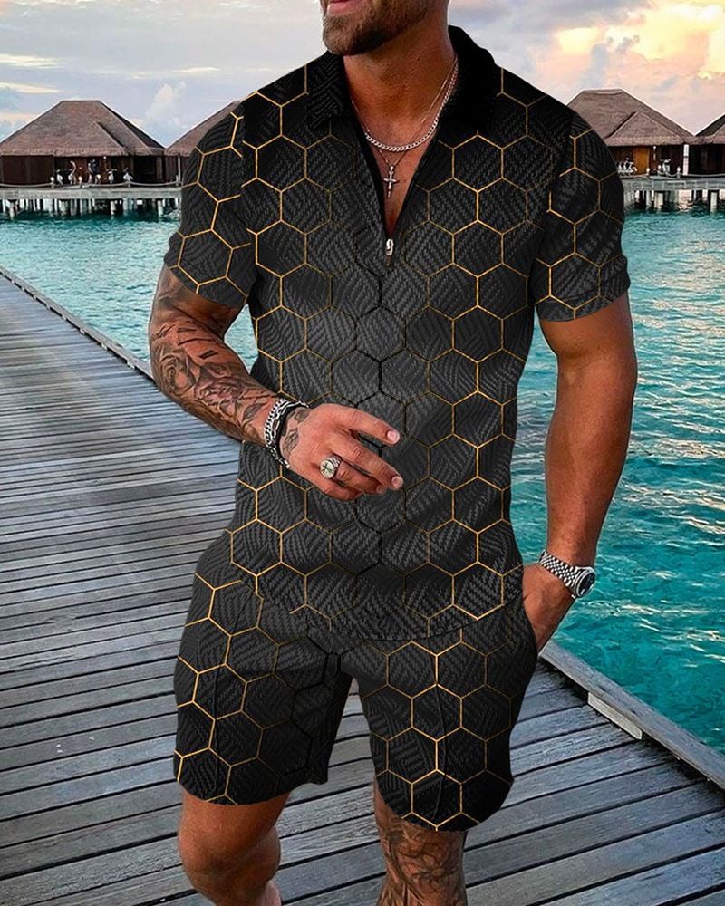 Men's Fashion Casual Suit 3D Digital Printing Zipper Short Sleeve Men's Shorts_desvips.com