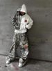 Trendy Brand Zipper Hooded Printed Sweatshirt And Sweatpants Graffiti Loose Couple High Street Hip Hop Set_desvips.com