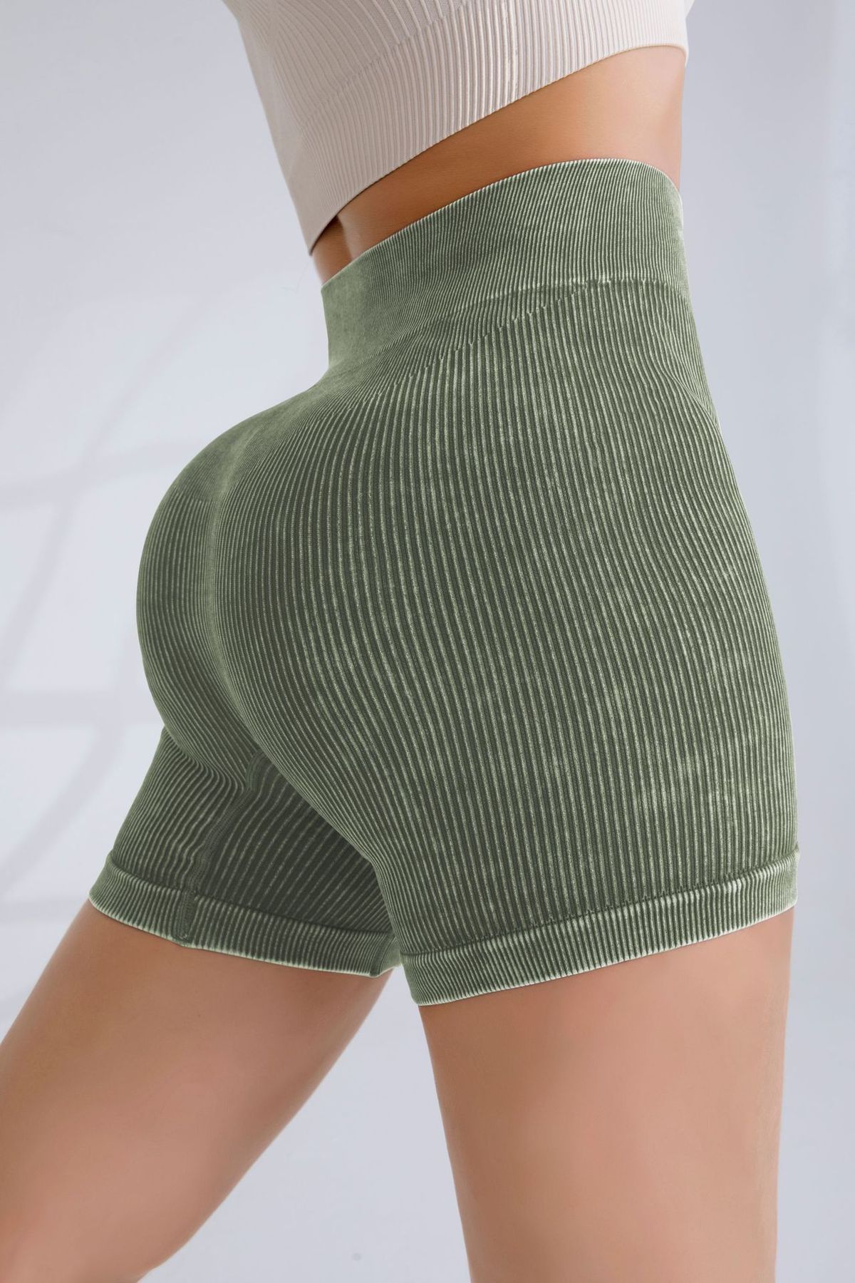 High Waisted Women's Yoga Pants European American Style Sand Washed Quick Drying Tight Fitting Ribbed Solid Color Sports Running Fitness Shorts_desvips.com