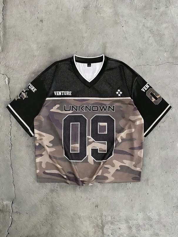 Men's V-Neck Letter & Number Print Casual Versatile Short Sleeve T-Shirt Oversized Camo Mesh Jersey_desvips.com