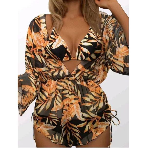 Women's Swimsuit Sun Protection New Korean Style Three-Piece Bikini Leaf Print Waist-Tied Long Sleeve Beachwear_desvips.com