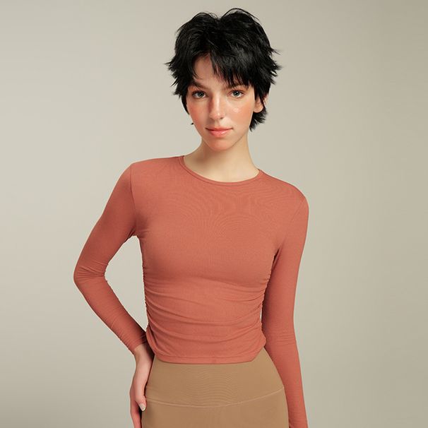 Shuangshi Autumn And Winter Top For Women, Versatile Slimming Side Pleated Sports Pilates Yoga Long Sleeve Breathable_desvips.com