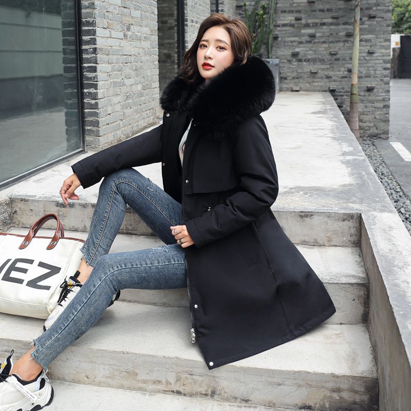Women's Clothing new winter cotton padded coat, medium length, large fur collar, velvet lining, overcoat, cotton padded coat, trendy for women_desvips.com