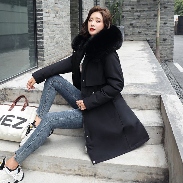 Women's Clothing new winter cotton padded coat, medium length, large fur collar, velvet lining, overcoat, cotton padded coat, trendy for women_desvips.com
