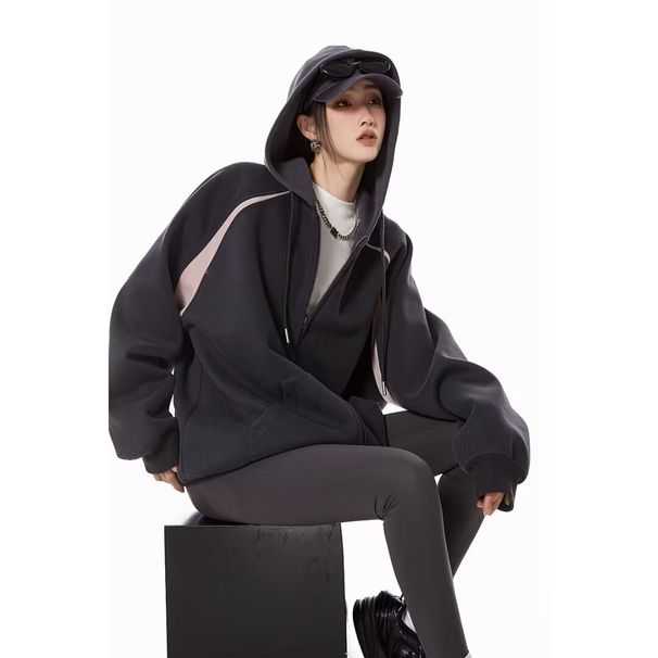 Women's American Vintage Heavyweight Zip-Up Hoodie Cardigan - 90s Inspired, Fleece Blend, Oversized For Brunch & Street Vibes_desvips.com
