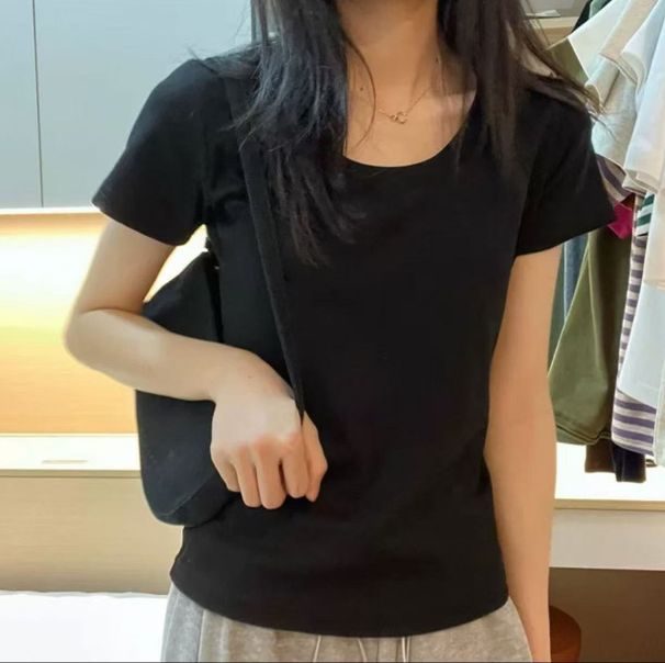 RenMou Classic Basic U-neck Gray Versatile Short T-shirt For Women, American Slim Fit And Slimming Half Sleeved Top, Low Neck Exclusive Supply_desvips.com