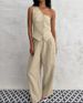 Women's Commuter Fashion Khaki Off-shoulder Cotton and Linen Vest Trousers Two-piece Set _desvips.com