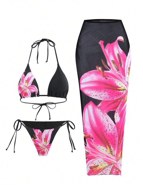 2026 New Flower Print Bikini Set Women's High Waist Long Skirt 3 Piece Swimsuit Sexy Mini Triangle Backless Thong_desvips.com