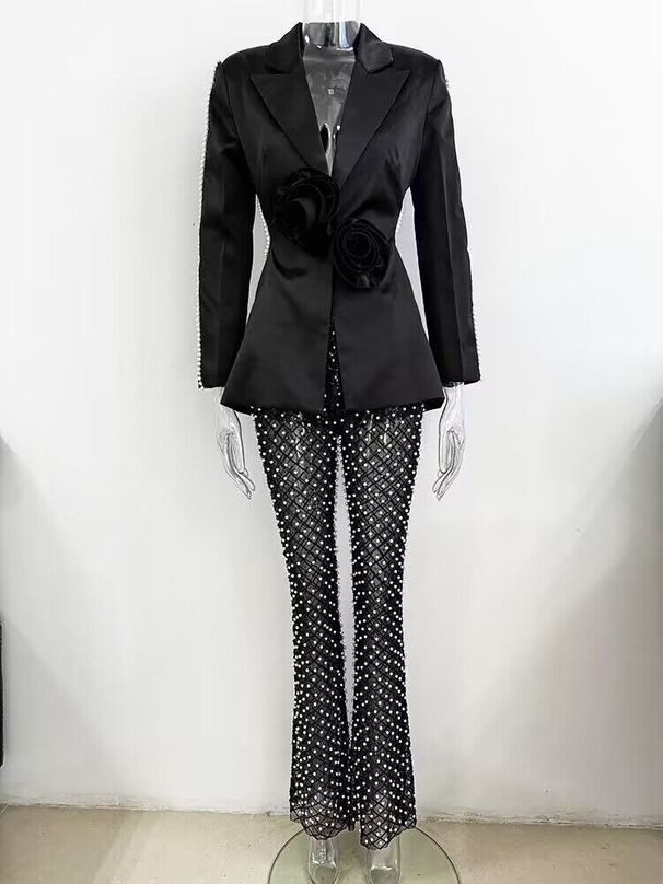 Spot 2024 Spring and Summer New Style Hollow Beaded Three Dimensional Flower Suit Pearl Sequin Mesh Trousers Set_desvips.com